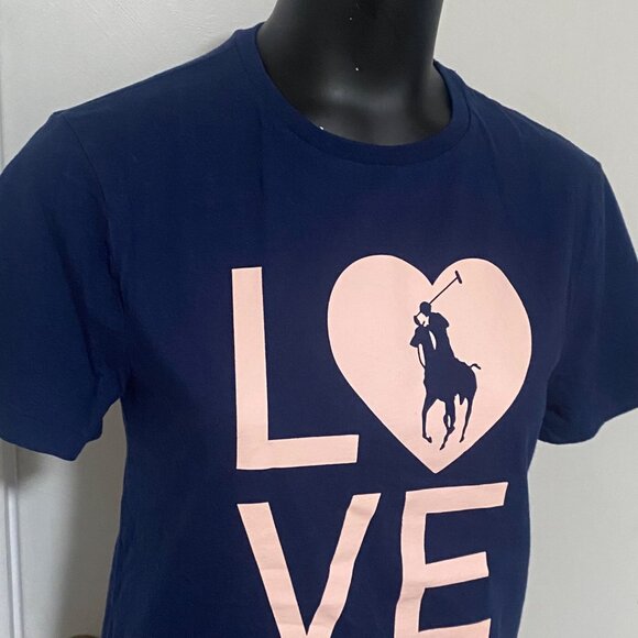 Polo Ralph Lauren LOVE Pink Pony Walk Navy Blue T Shirt Size Small - Picture 3 of 7